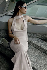 Halter Cowl Neck Bodycon Silk Dress