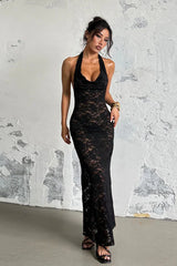 Sheer Halter Backless Lace Dress