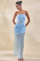 Strapless Sheer Lace High Slit Backless Maxi Lace Dress