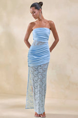 Strapless Sheer Lace High Slit Backless Maxi Lace Dress