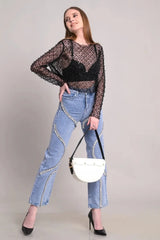 High Waist Rhinestone Panel Wide Leg Straight Jeans