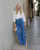 Hand Embroidered 3D Flower Cutout Side Slit Jeans