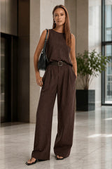 Stripe Crew Sleeveless High Waist Wide Leg Work Set
