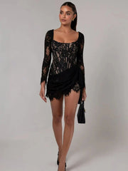 Corset Draped Square Collar Ruched Lace Dress