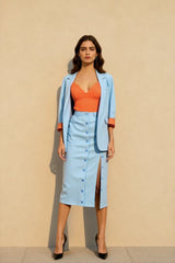 Striped Lapel Long Sleeve Blazer Split Bodycon Two Piece Set