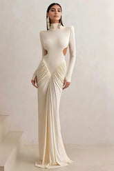 Elegant Solid Turtleneck Long Sleeve Ruched Bodycon Dress