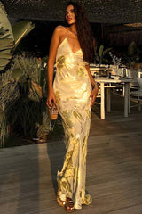 Backless Gold-Foil Cami Silk Dress