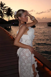 Lace Split V Neck Backless Ruffled Boho Dress