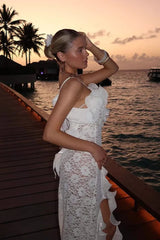 Lace Split V Neck Backless Ruffled Boho Dress