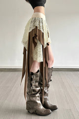 Sheer Lace Overlay Fringe Hem Skirt