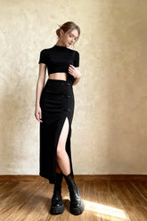 Black Women A-line Slits High Waist Slim Hip-covering Solid Mid-length Long Streetwear Skirt