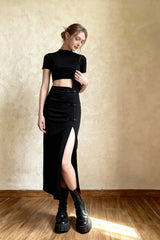 Black Women A-line Slits High Waist Slim Hip-covering Solid Mid-length Long Streetwear Skirt