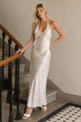 Satin U Neck Halter Backless Slim Floral Dress