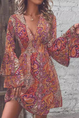 Elegant Paisley Print V Neck Bell Sleeve Boho Dress