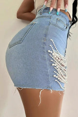 Embellished Distressed High Waist Shorts