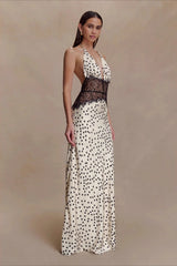 Polka Dot Lace Backless Waist Tie Maxi Lace Dress
