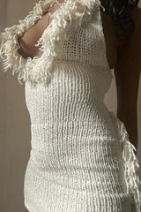 Fringe Deep V Halter Tie Backless Bodycon Knit Dress