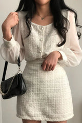 Sheer Boucle Square Neck Blouse Skirt Tweed Suit Set