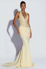Sequin Patch Halter Deep V Ruched Train Maxi Bodycon Dress