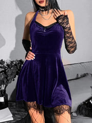 Velvet Gothic Green Halter Y2K Backless Lace Patchwork High Waist Mini Dress