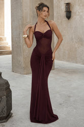 Ruched Halter Drape Tie Curve Long Slip Dress