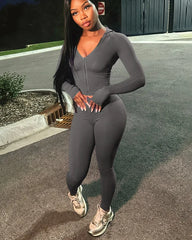 Sporty Zip Hooded Two Piece Pants Set