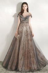 V Neck Beaded Ball Gown Prom Dress