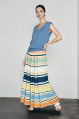Print Pleated Silk Cotton Vacation Skirt