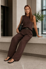 Stripe Crew Sleeveless High Waist Wide Leg Work Set