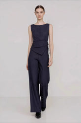 Stripe Asymmetric Sleeveless Top Straight Work Set