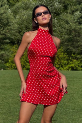 Polka Dot Waist Cinched Sleeveless Bodycon Dress