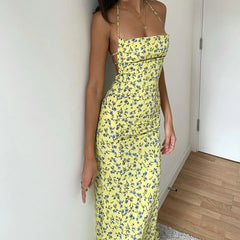 Dulzura Lace Up Halter Floral Long Bodycon Club Streetwear Sun Midi Dresses