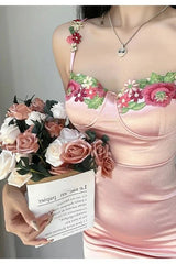 Embroidered Floral Satin Cami Bodycon Mini Silk Dress