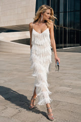 Layered Tassel Backless Long Slip Dress