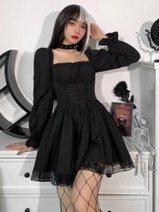 Spaghetti Strap Lace Satin Slip Party Mini Harajuku Vintage Square Collar Puff Sleeve Dress
