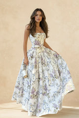 Rayon Printed Strap Pleated Chic Maxi Dress