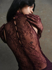 Turtleneck Pleated Gloves Backless Lace Dress