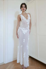 Deep V Mesh Backless 3D Floral Slip Dress