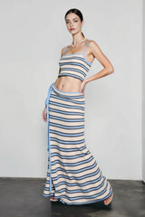 Knit Stripe Crop Camisole High Waist Tie Skirt Vacation Set