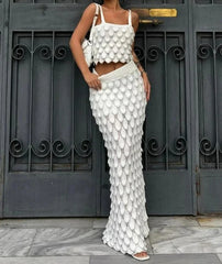 Crochet Solid Ruffle Ruched High Waist Two Piece Skirt Set