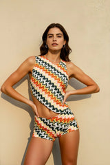 One Shoulder Tie Back Stripe Knit Shorts Vacation Set