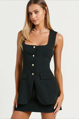 Square Neck Sleeveless Button Vest Bodycon Two Piece Work Set