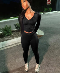 Sporty Zip Hooded Two Piece Pants Set