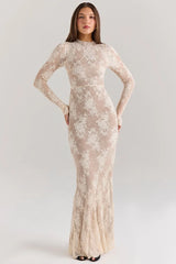 Lace Round Neck Long Sleeve Hollow Slim Lace Dress