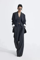 Grey Striped Vest Wide Leg Three Piece Set
