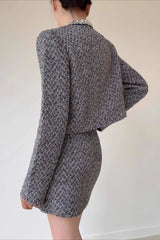 Gray Herringbone Boucle Skirt Tweed Suit Set