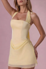 Chiffon Halter Low Cut Tie Waist Bodycon Party Dress