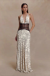 Polka Dot Lace Backless Waist Tie Maxi Lace Dress