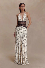 Polka Dot Lace Backless Waist Tie Maxi Lace Dress
