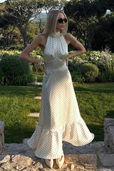 Polka Dot Backless Satin Maxi Dress
